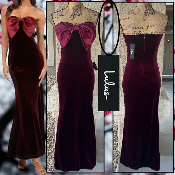 Lulus Burgundy Velvet Bow Strapless Dramatic Stunner  Maxi Dress Size S - Picture 1 of 10